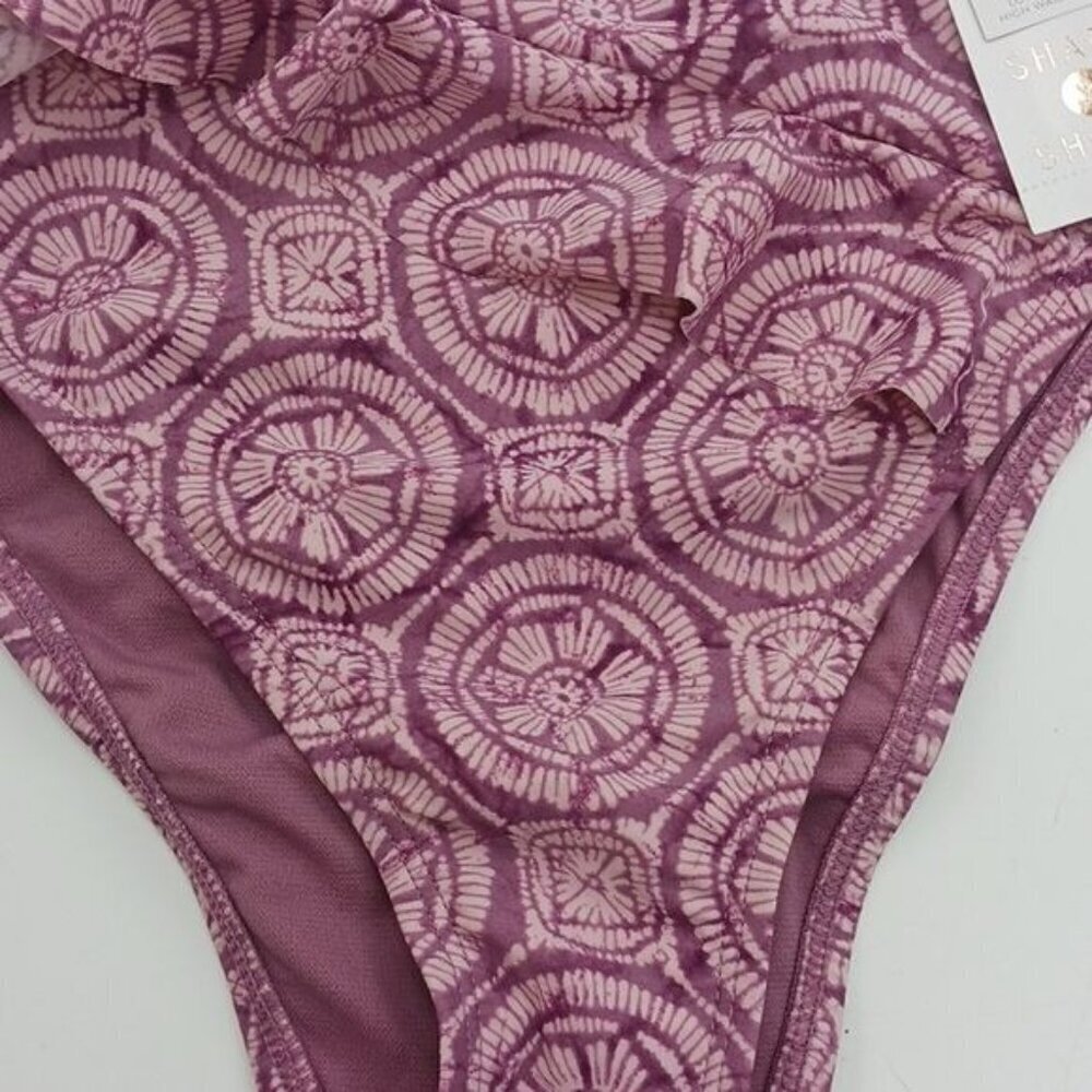 Shade & Shore Womens High Waisted Bikini Bottom Cheeky Ruffle Pink Print Size S - Picture 3 of 8